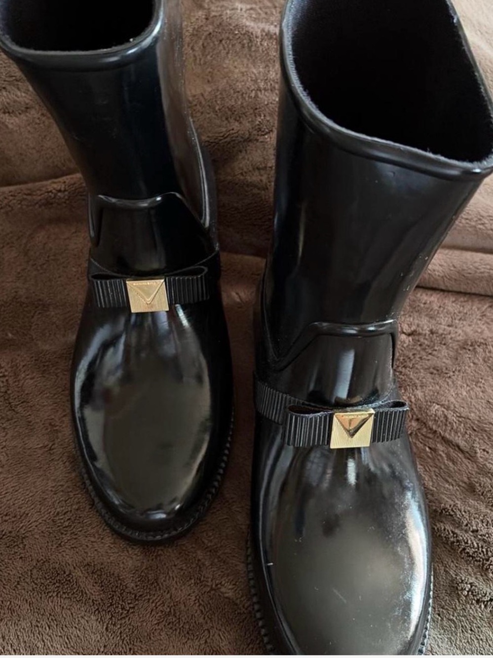 Michael Kors Black Patent Rain Boots with Gold Accent